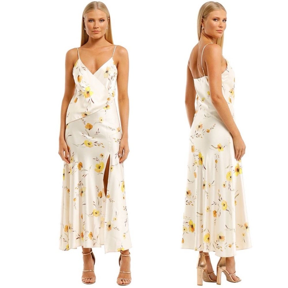 NWT Bec & Bridge Colette Faux Wrap Floral Midi High Slit Satin Dress Sz 2